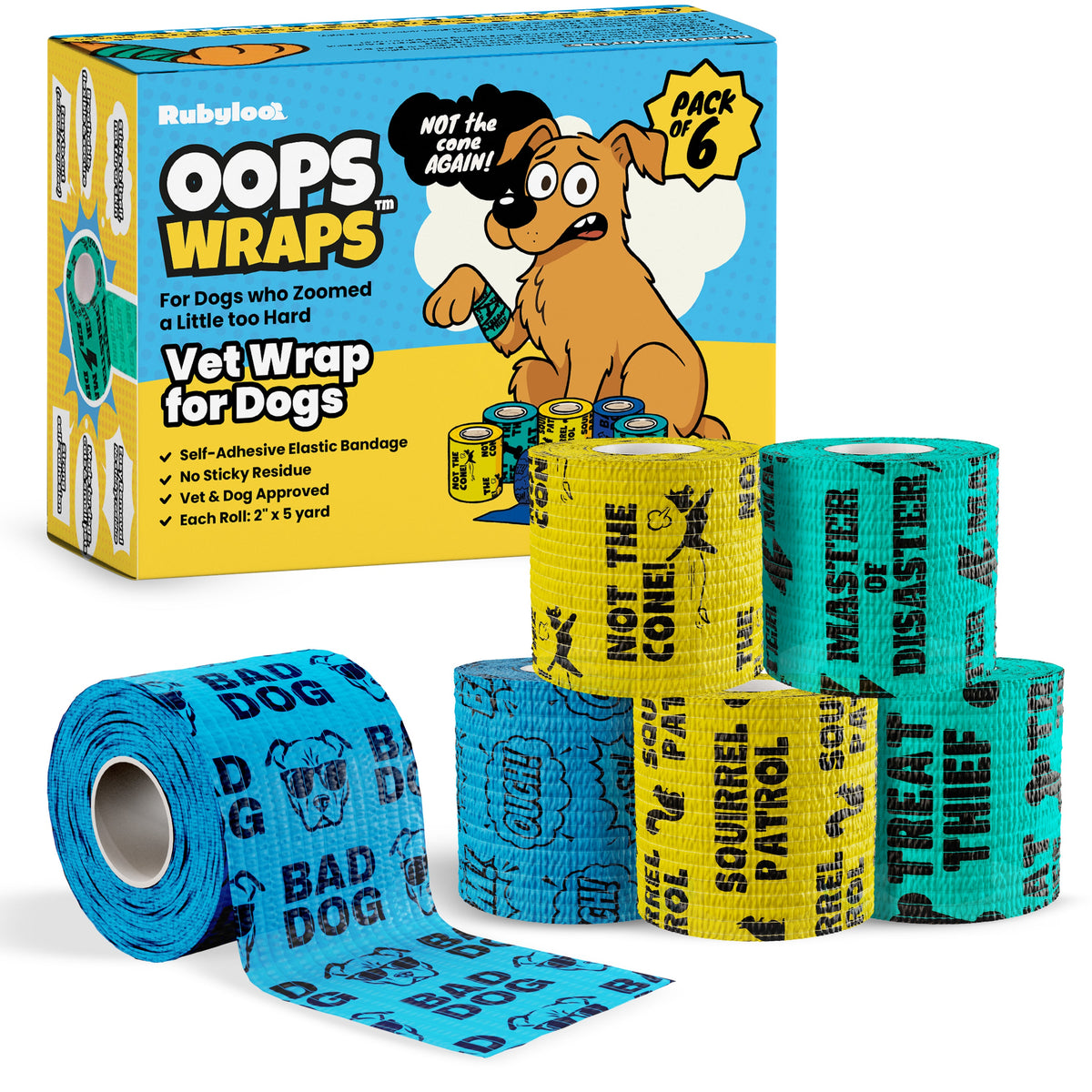 Rubyloo Oops Wraps King of Chaos six-roll pack with blue and yellow printed wraps
