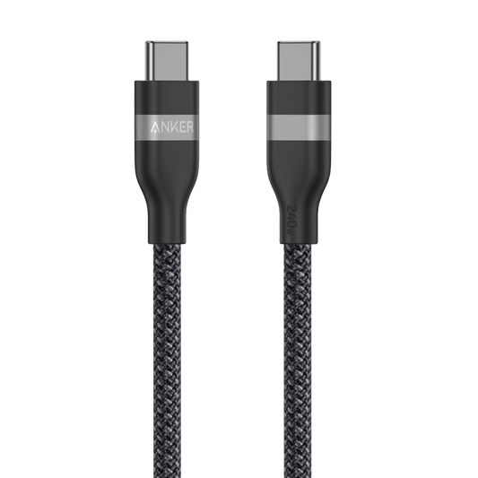 Anker 240W braided USB-C to USB-C cable, 3 ft / Black Stone, connector and cable detail