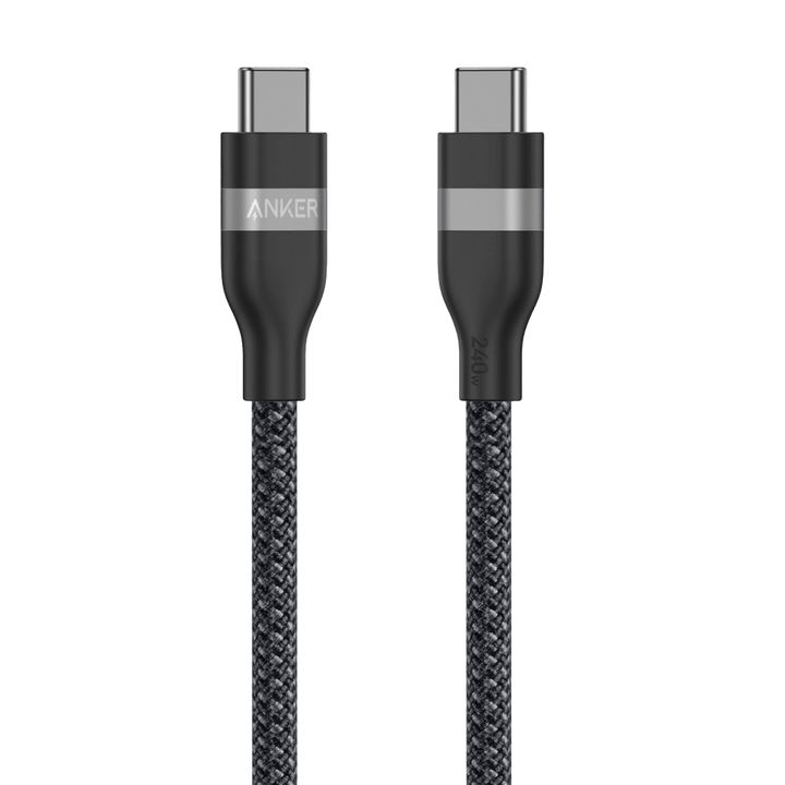 Anker 240W braided USB-C to USB-C cable, 3 ft / Black Stone, connector and cable detail