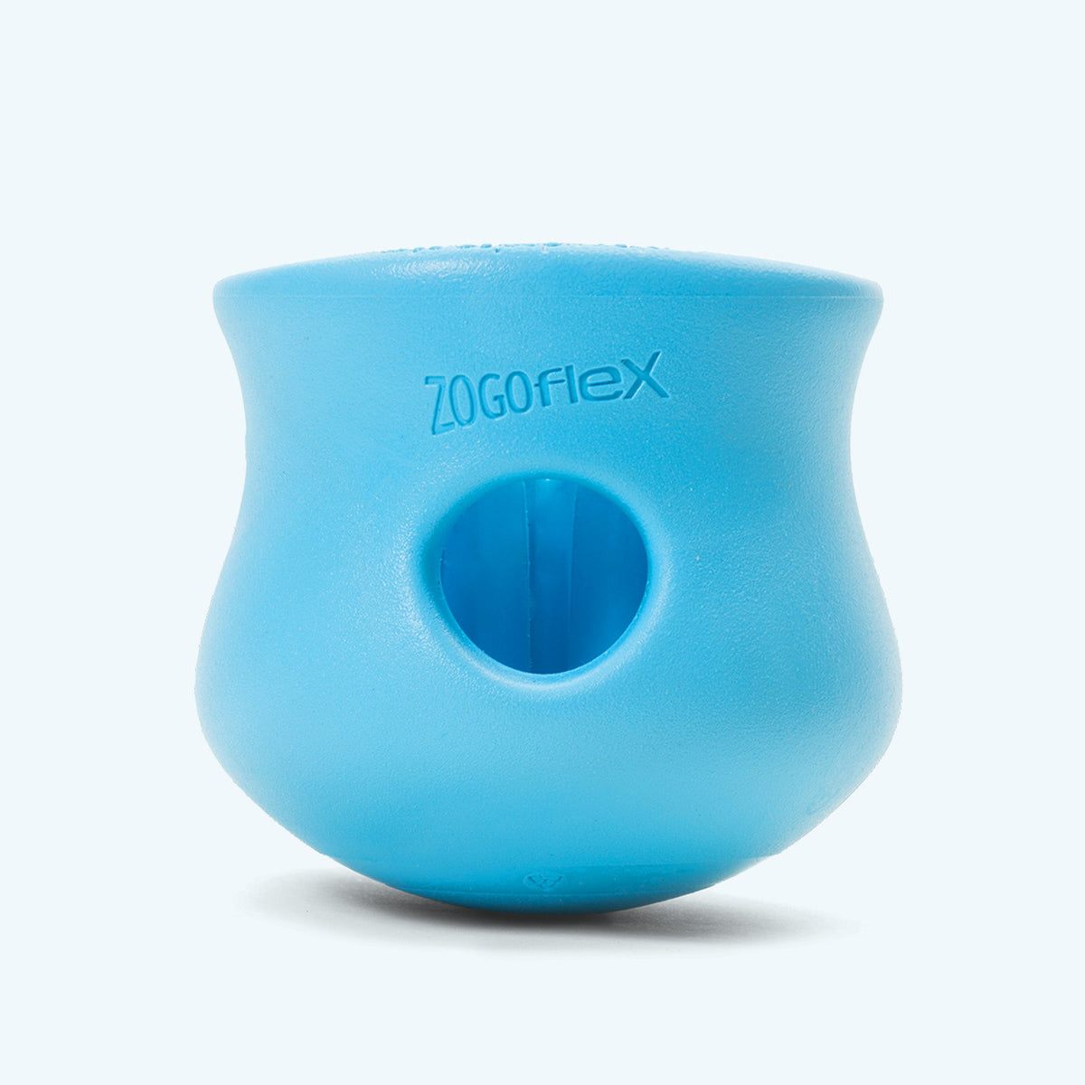 Aqua Blue West Paw Toppl toy shown alone, with its top opening and side hole visible.
