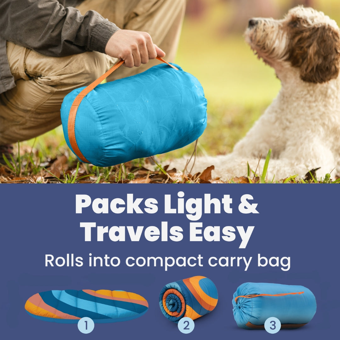 Rubyloo travel dog bed rolled into the included carry bag