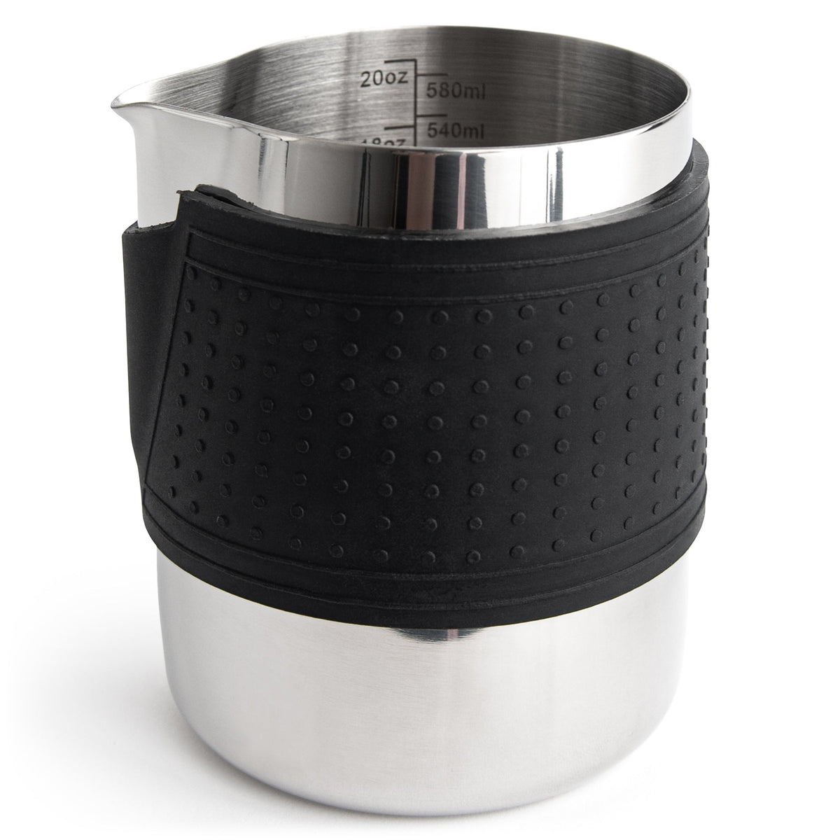 Kaffe KFFP01 600 ml stainless-steel milk frothing pitcher with black silicone sleeve and interior measurement markings