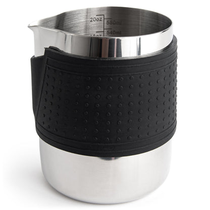 Kaffe KFFP01 600 ml stainless-steel milk frothing pitcher with black silicone sleeve and interior measurement markings