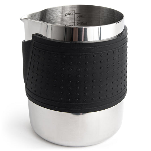 Kaffe KFFP01 600 ml stainless-steel milk frothing pitcher with black silicone sleeve and interior measurement markings