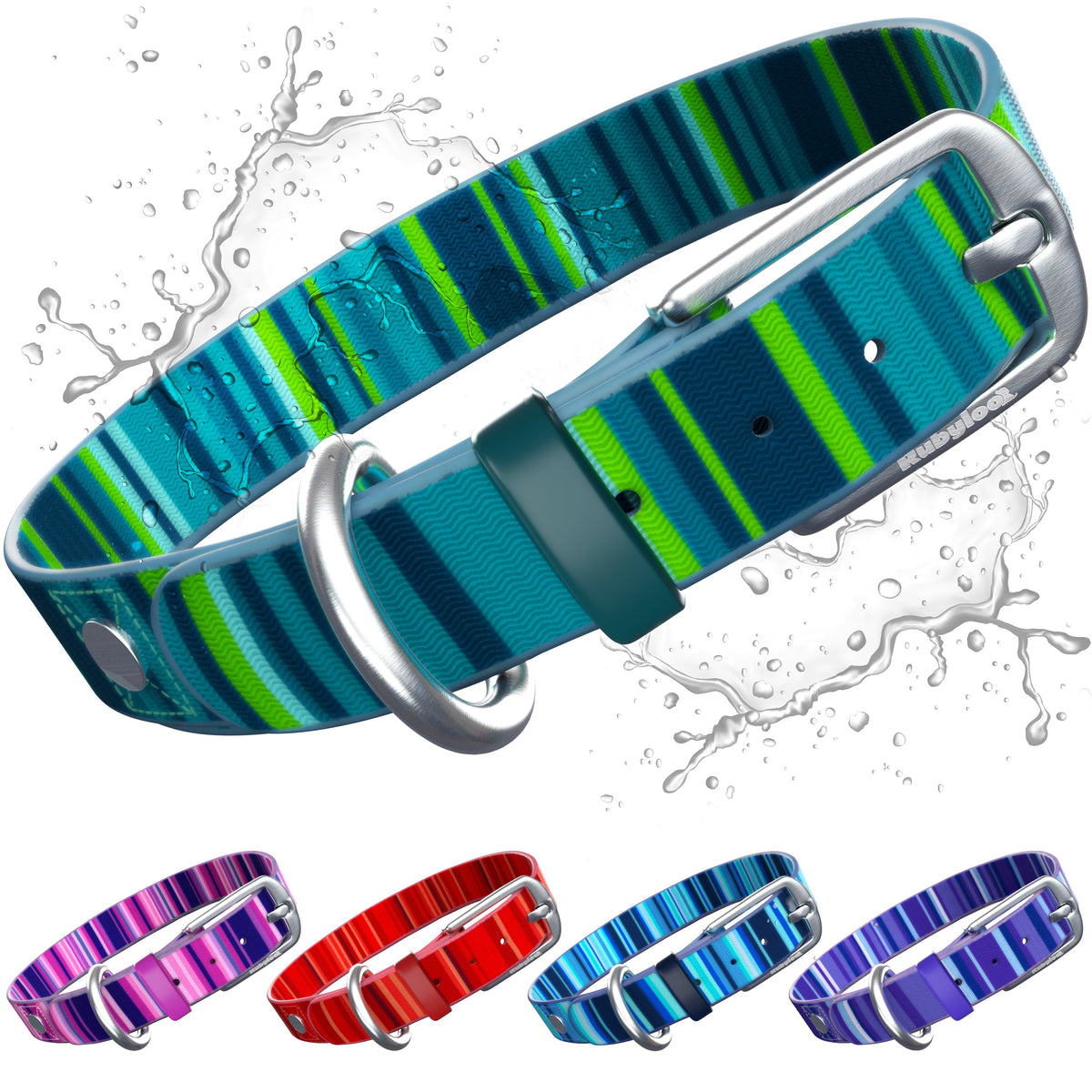 Rubyloo blue and teal coated dog collar with metal buckle; other available colorways shown below