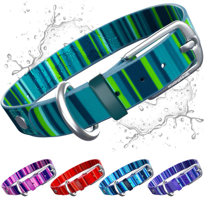 Rubyloo blue and teal coated dog collar with metal buckle; other available colorways shown below