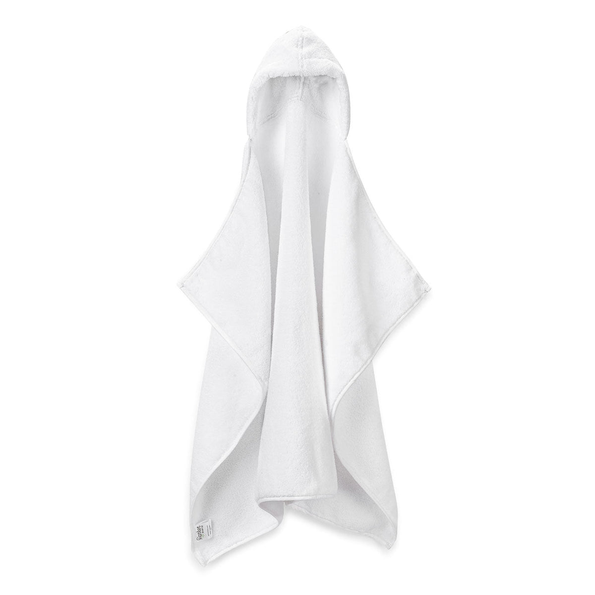 White hooded bath towel hanging to show its centered hood and full shape.