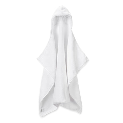 White hooded bath towel hanging to show its centered hood and full shape.