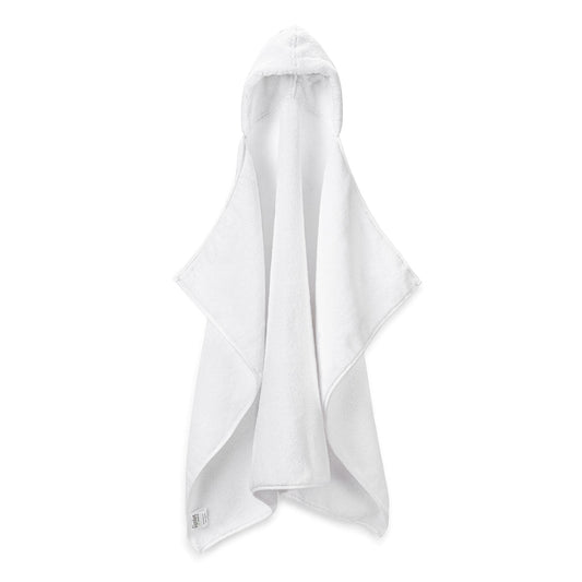 White hooded bath towel hanging to show its centered hood and full shape.
