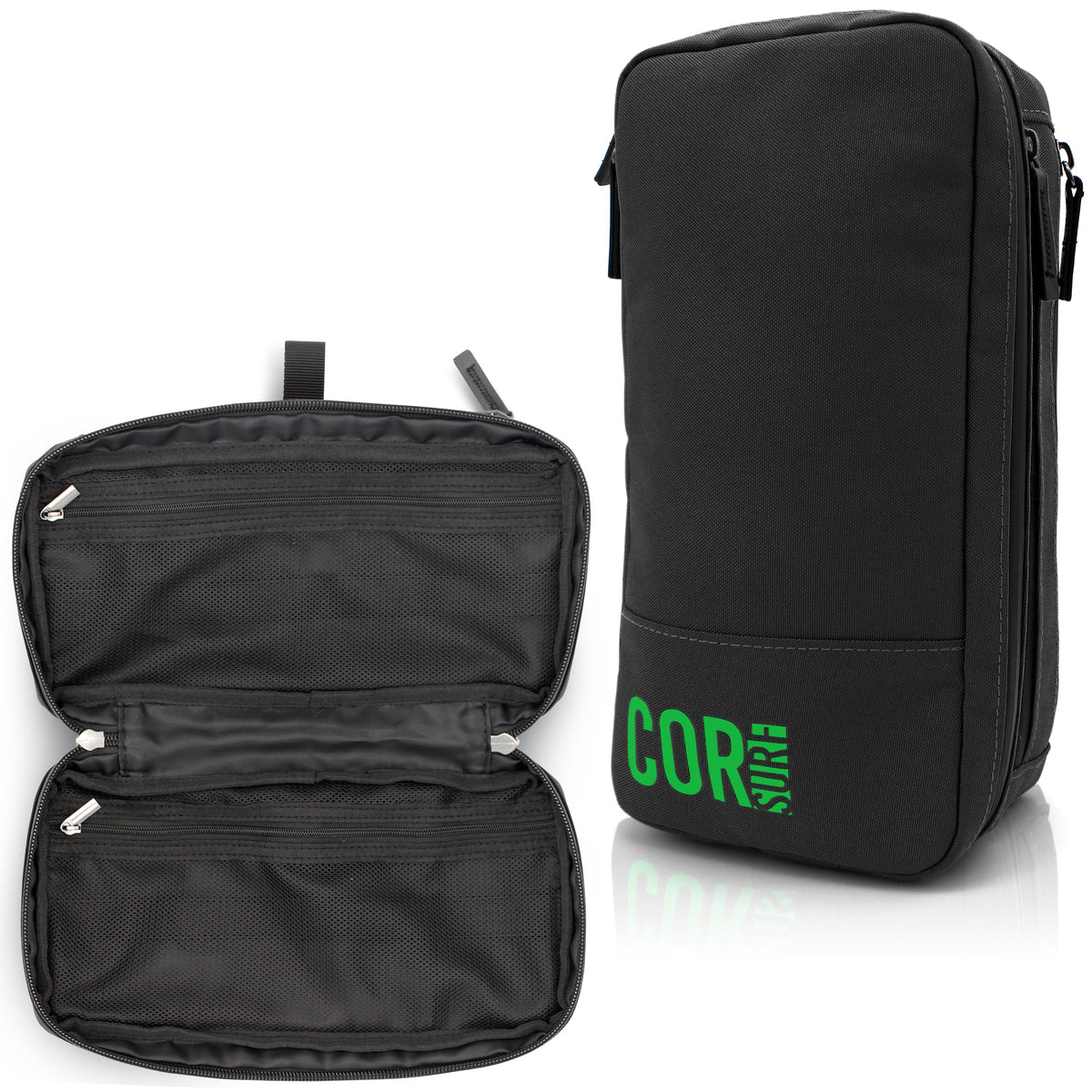 Black COR Surf toiletry bag shown closed and open with empty interior compartments.