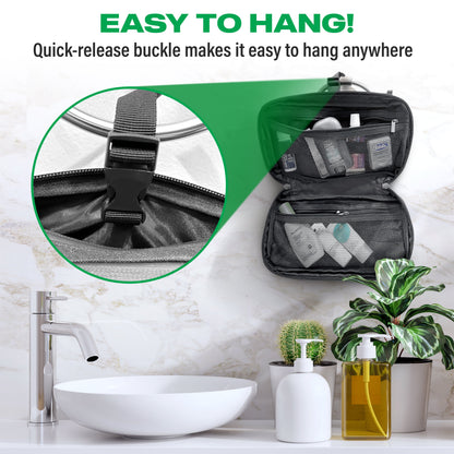 Open hanging toiletry bag with mesh pockets and toiletries shown as examples; toiletries are not included.