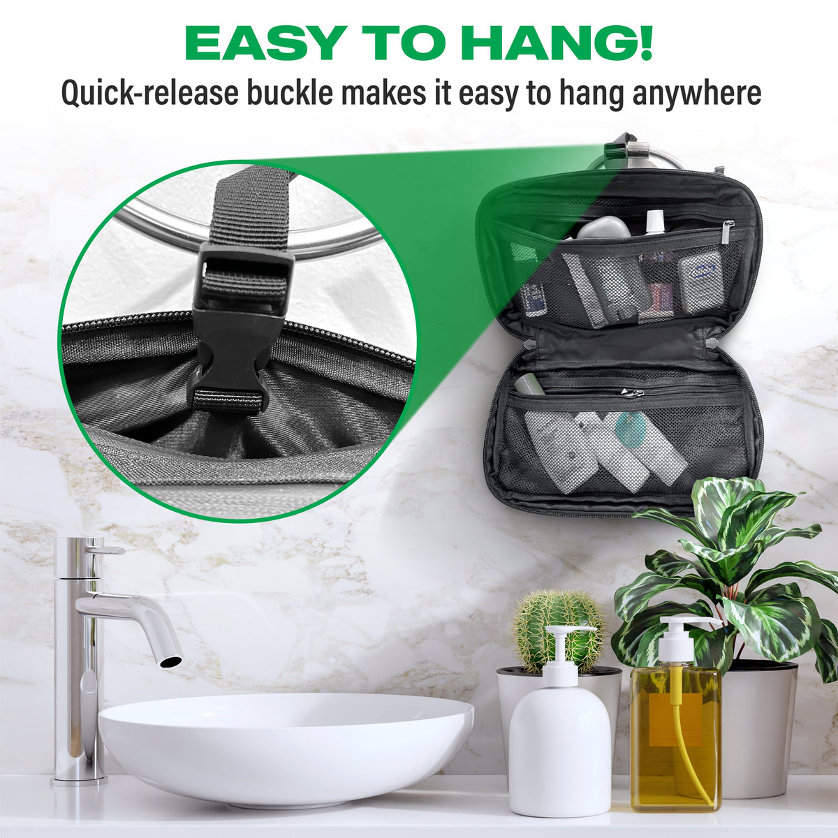 Open black toiletry bag hanging by its buckle, with toiletries shown for display.