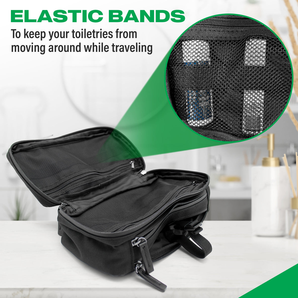 Open black bag showing mesh pockets and elastic bands; toiletries are display props.