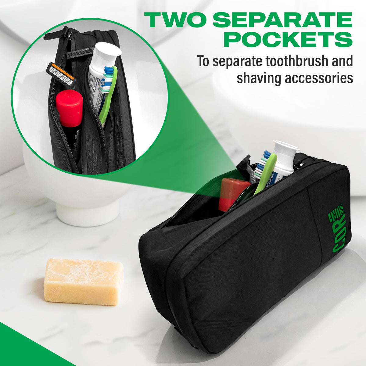 Black toiletry bag with separate compartments; pictured toiletries are not included.