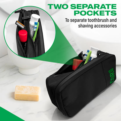 Black toiletry bag shown with grooming items for illustration; toothbrush, razor, soap and other toiletries are not included.