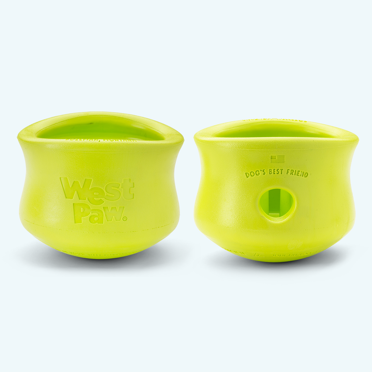 Granny Smith West Paw Toppl toys shown from two orientations, with the top opening and side hole visible; select one size and one toy is included.