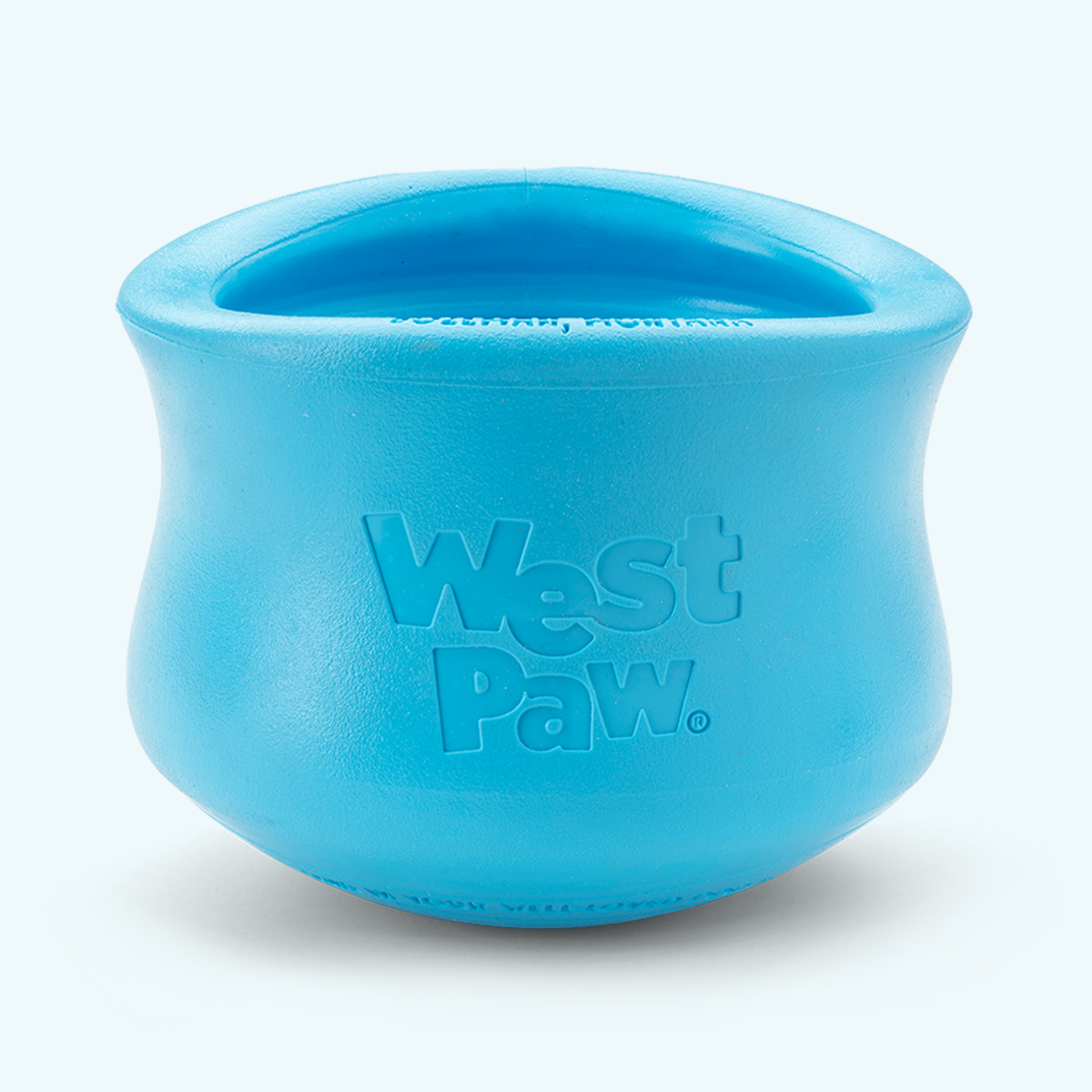 Aqua Blue West Paw Toppl treat toy shown alone, with its top and side openings visible.