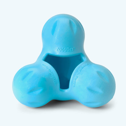 Close-up of an Aqua Blue West Paw Tux treat toy showing its three-lobed body, shallow cavity and embossed Zogoflex mark.