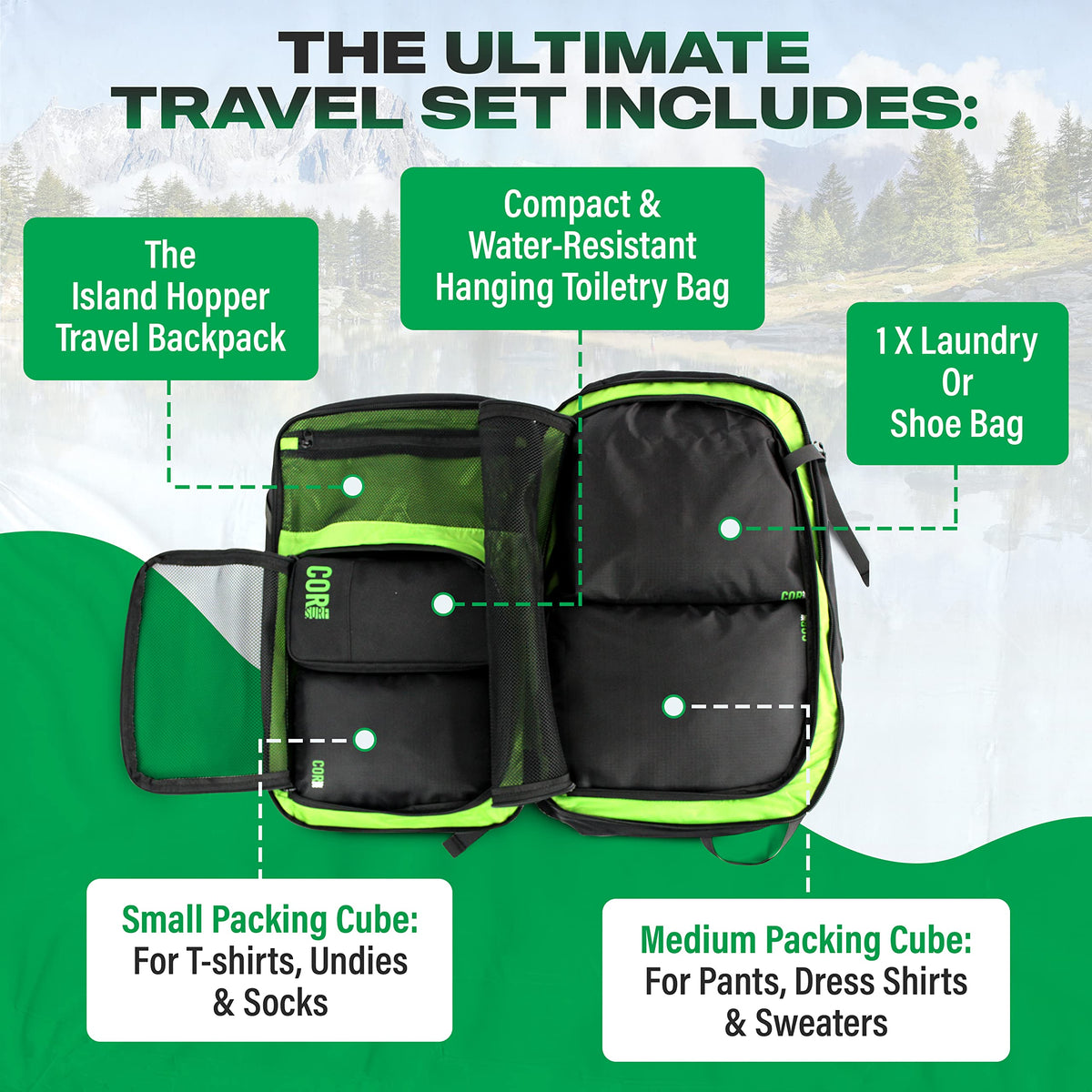COR Surf travel bundle includes one backpack, a hanging toiletry bag, a small and medium compression cube, and one laundry or shoe bag.