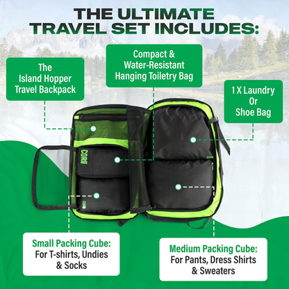 COR Surf travel bundle includes one backpack, a hanging toiletry bag, a small and medium compression cube, and one laundry or shoe bag.