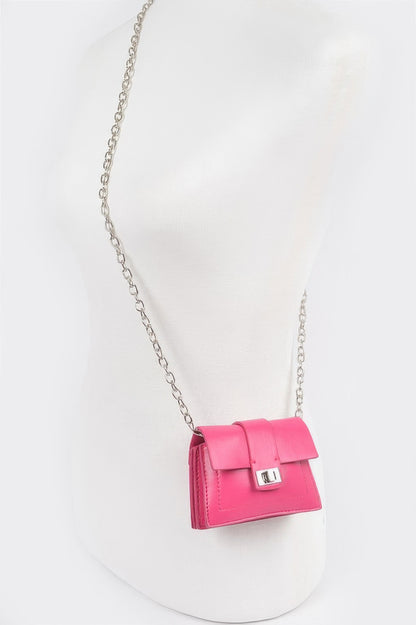 Fuschia card crossbody wallet with flap closure and chain strap