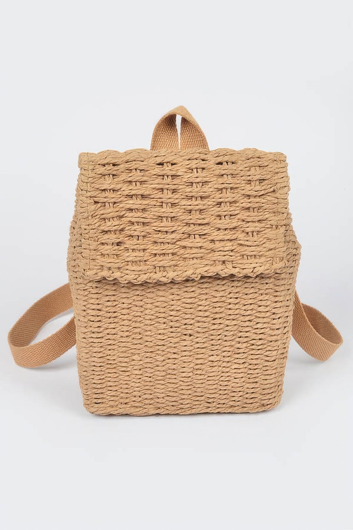 Front view of khaki woven cotton mini backpack with flap closure