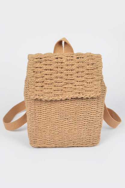Front view of khaki woven cotton mini backpack with flap closure