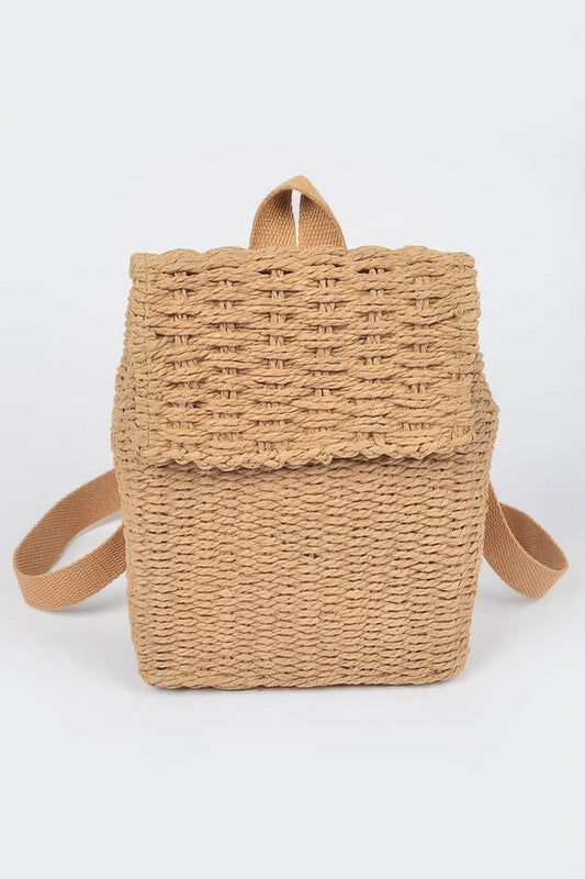 Front view of khaki woven cotton mini backpack with flap closure