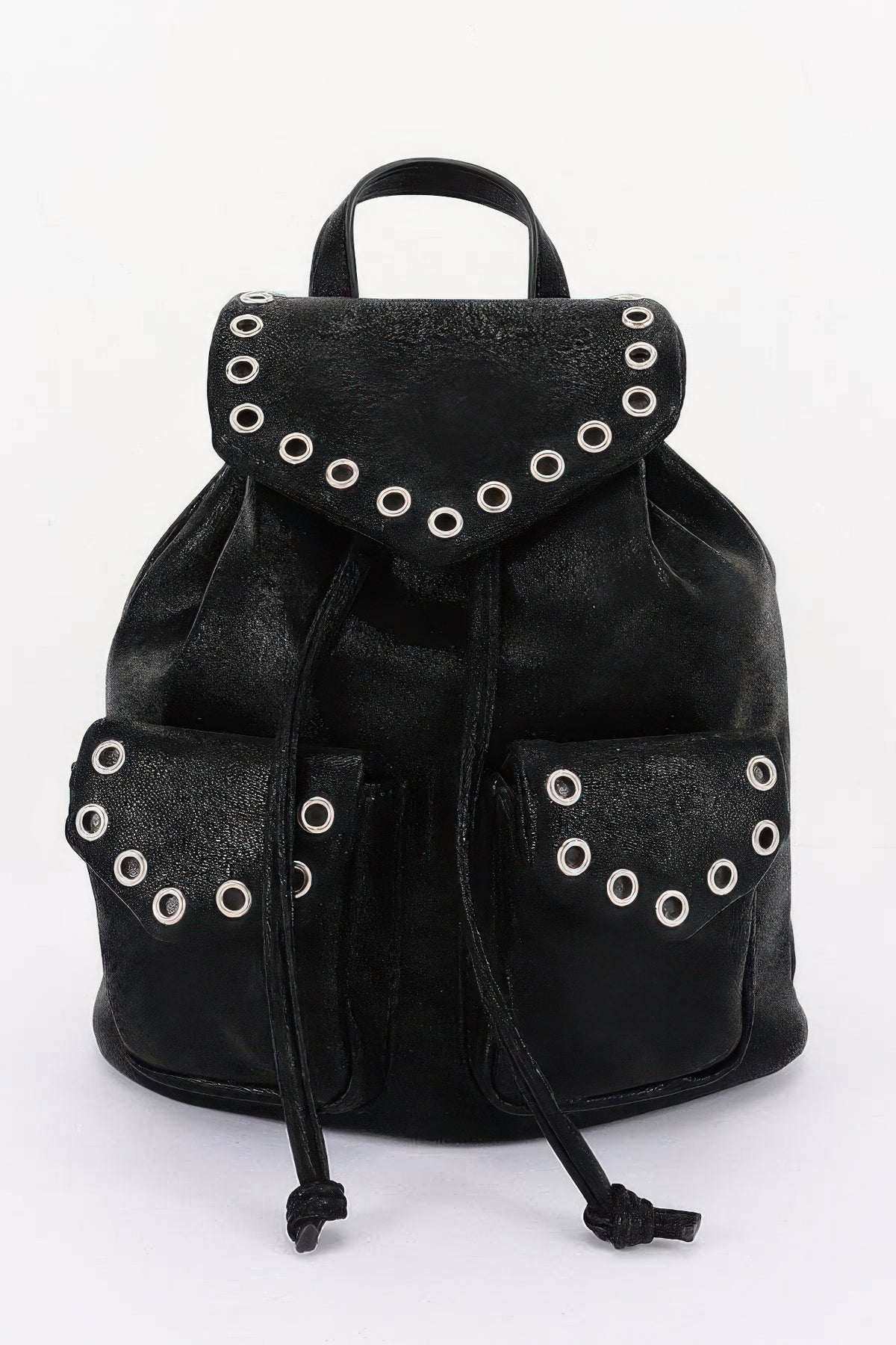 Black faux-leather backpack, front view with curved flap, metal eyelets and two front pockets.