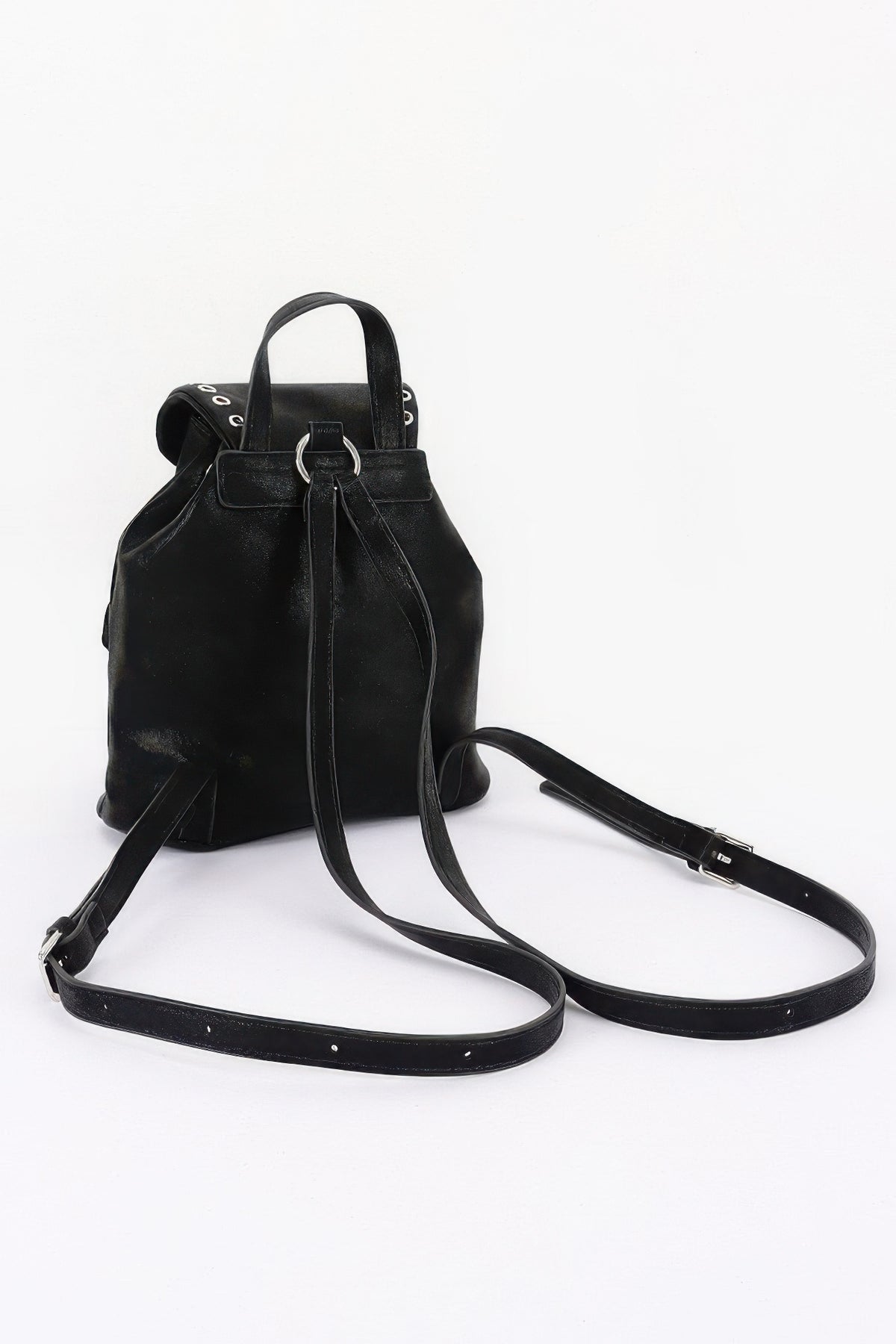 Black faux-leather backpack, rear view with top handle and adjustable shoulder straps.