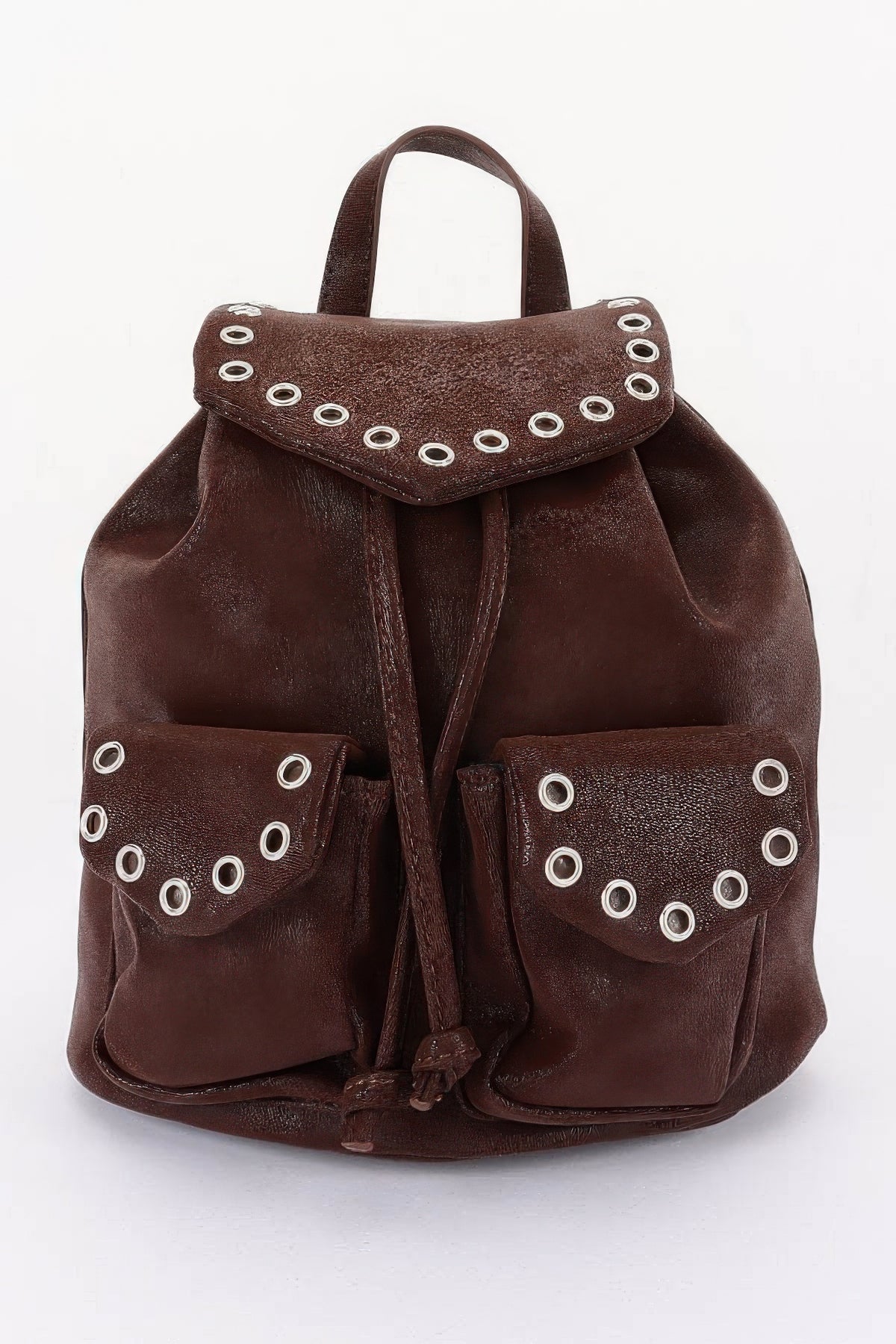 Brown faux-leather backpack, front view with curved flap, metal eyelets and two front pockets.
