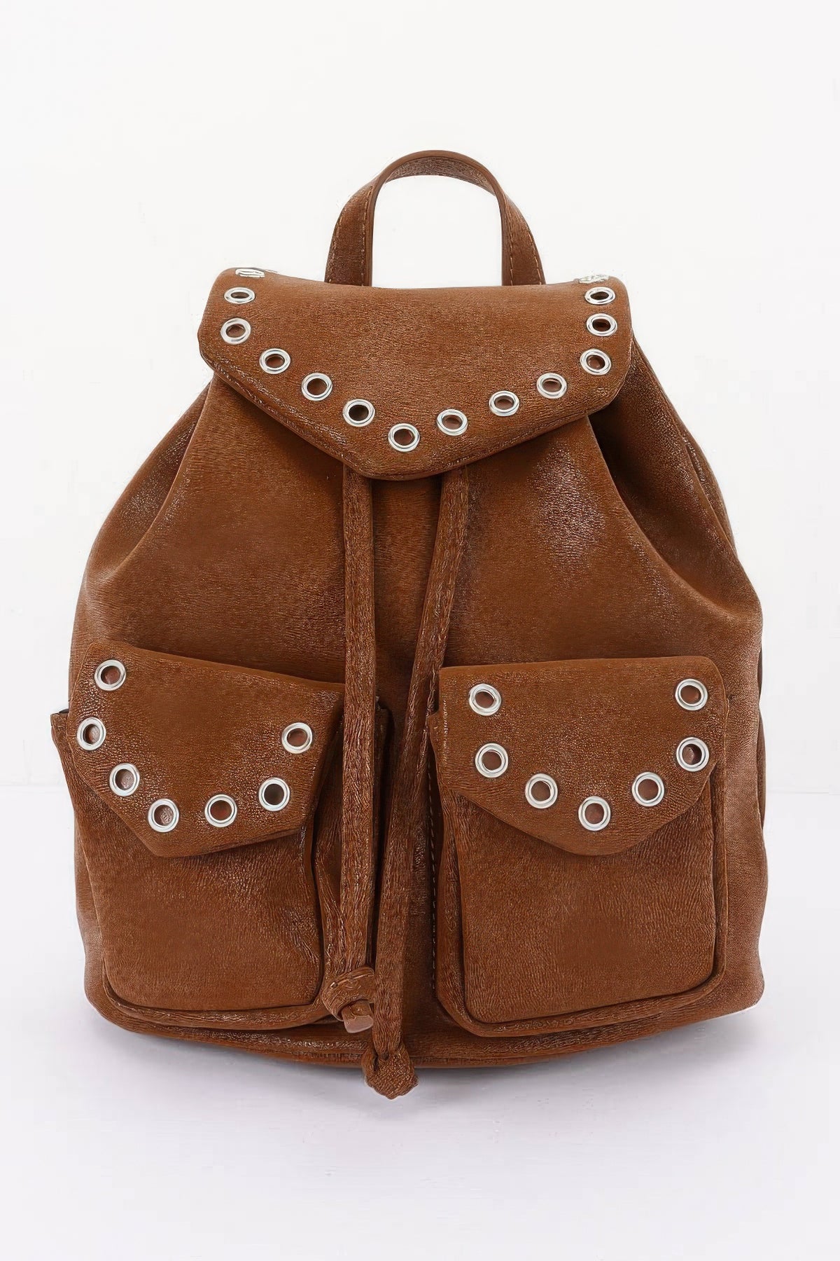 Camel faux-leather backpack, front view with curved flap, metal eyelets and two front pockets.