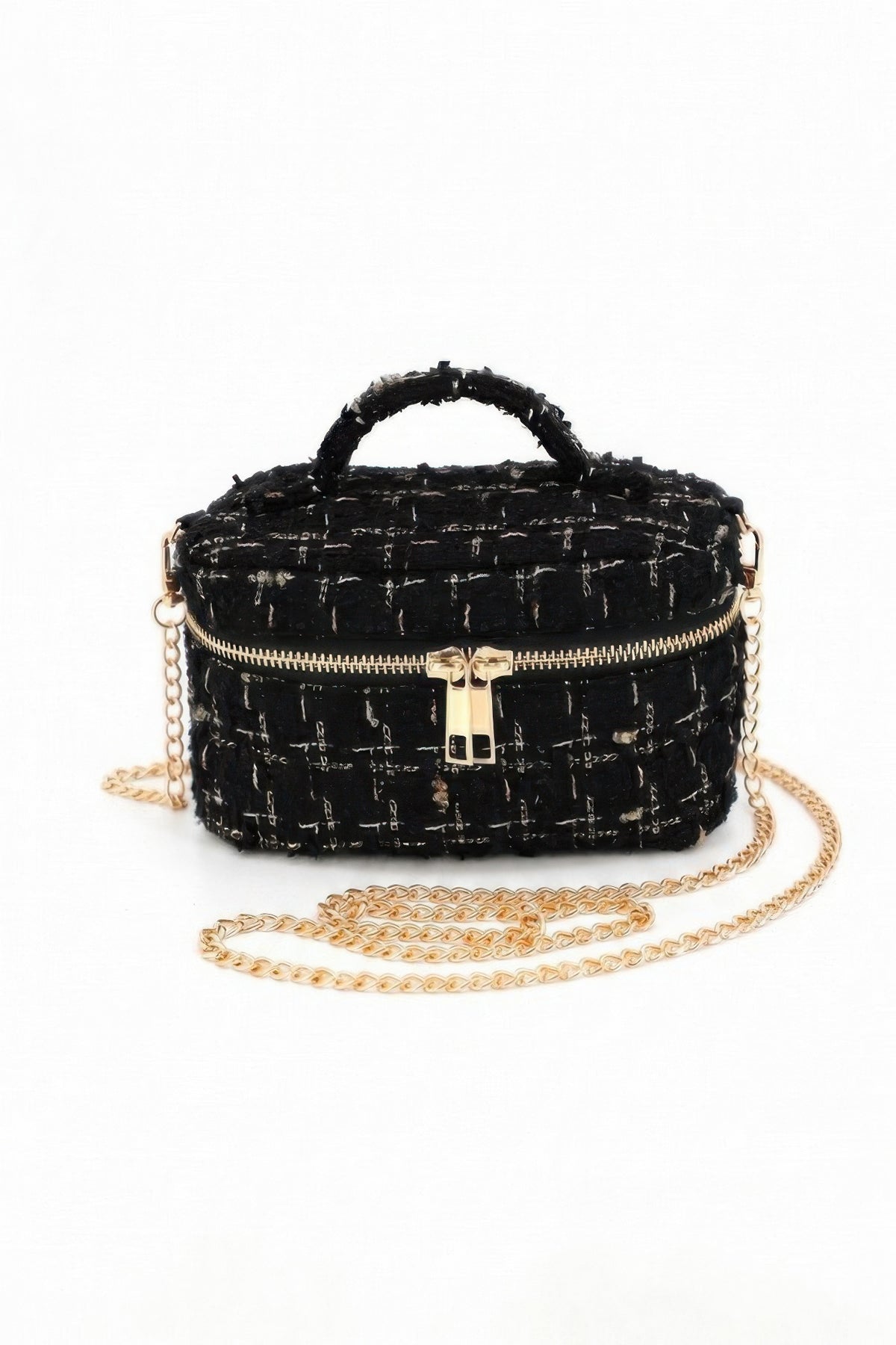 Black tweed vanity bag with top handle and detachable gold-tone chain strap