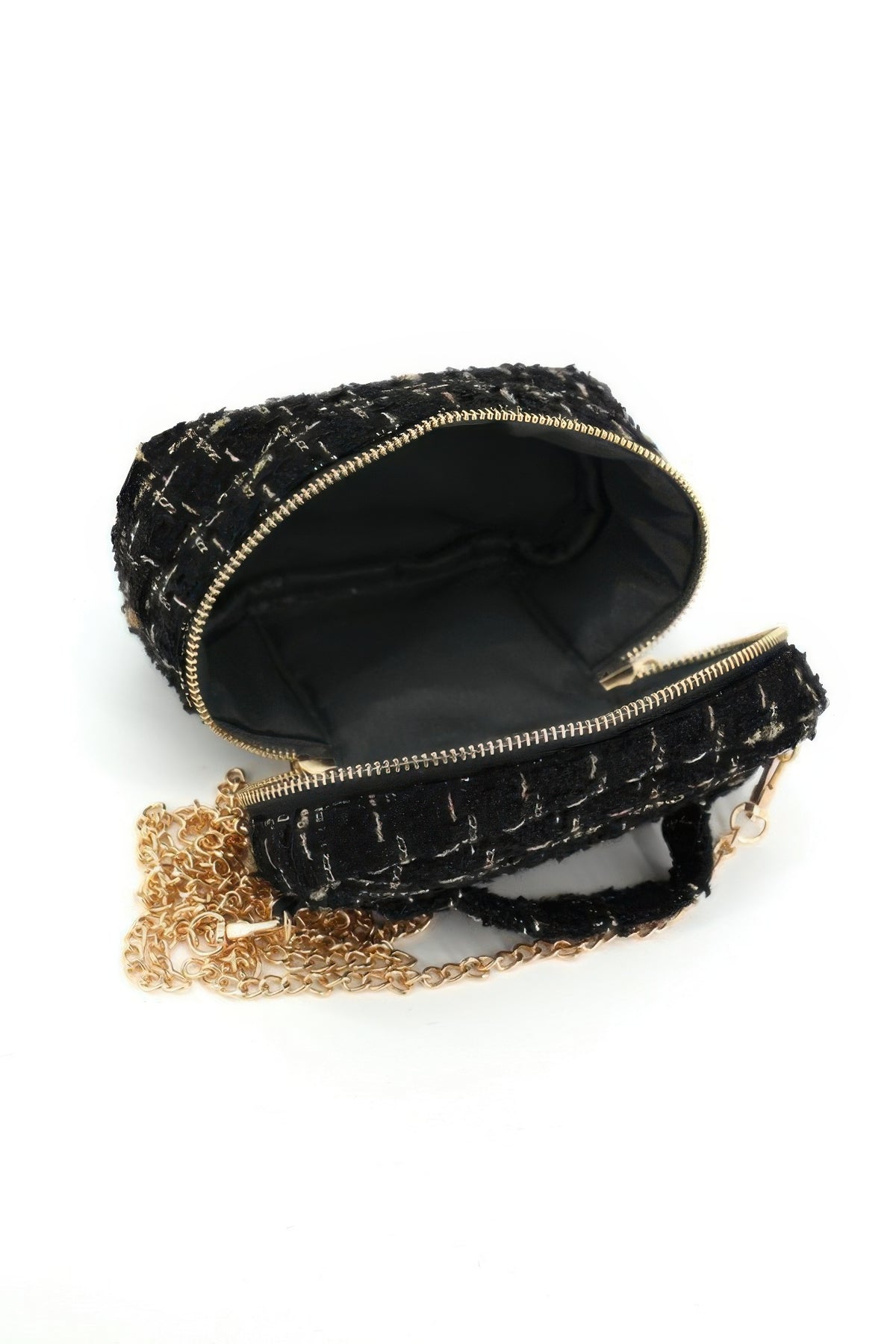 Open black tweed vanity bag showing zip closure and interior lining
