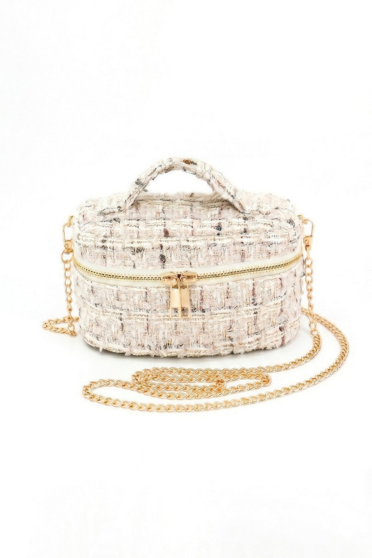 Front view of ivory tweed vanity bag with zip closure and chain strap