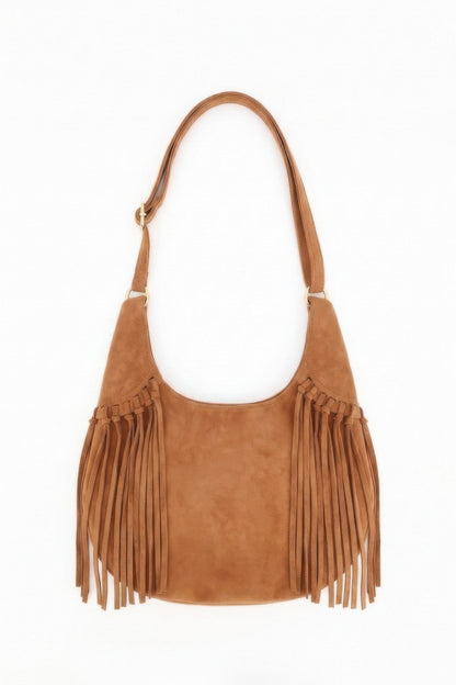 Front view of the Camel faux suede hobo bag with side fringe and shoulder strap