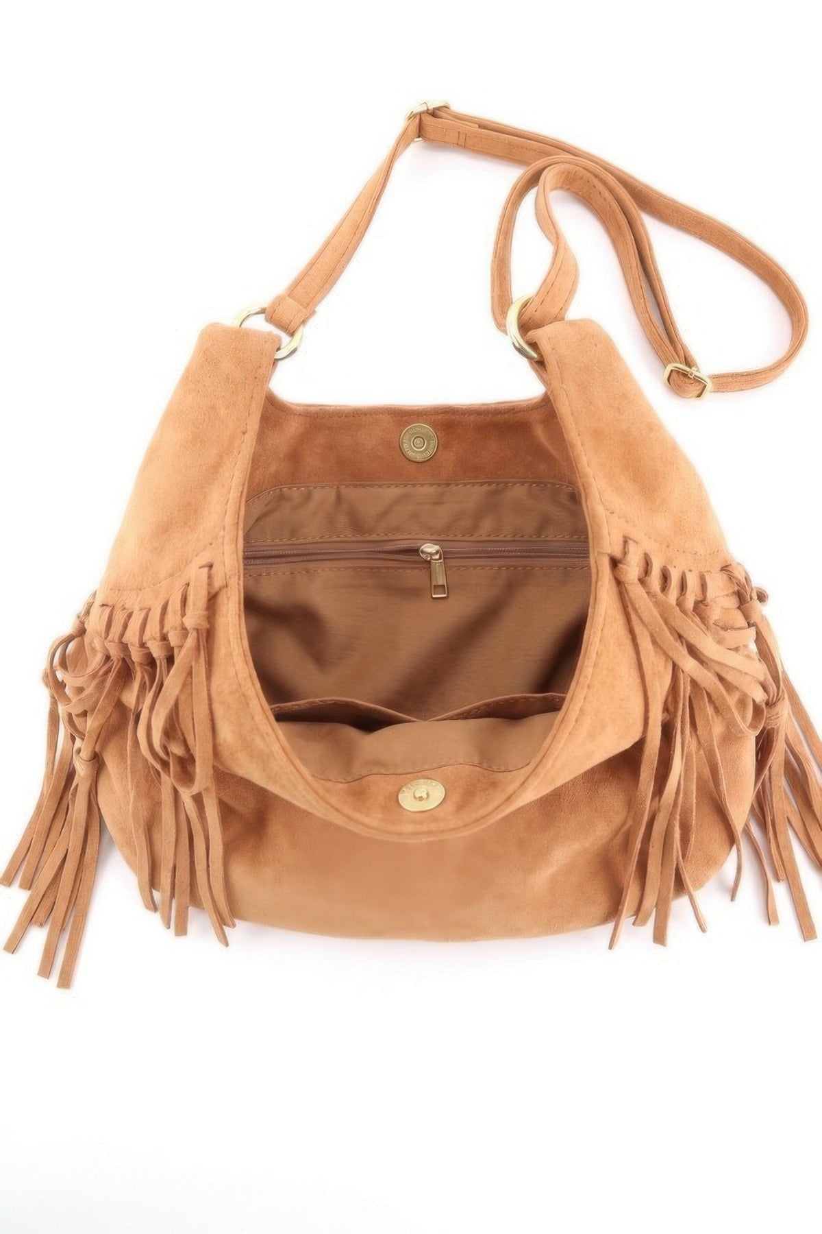 Open Camel faux suede fringe hobo bag showing interior pockets and shoulder strap