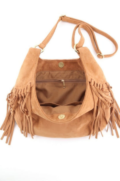 Open Camel faux suede fringe hobo bag showing interior pockets and shoulder strap