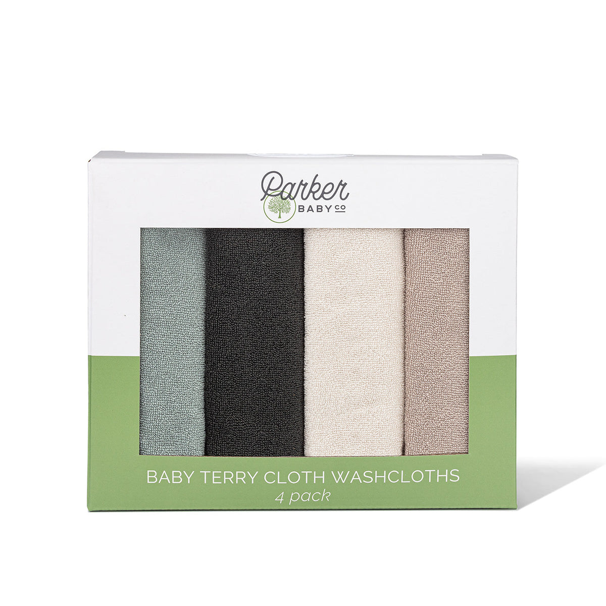 Parker Baby Co. Baby Terry Cloth Washcloths four-pack in retail packaging, showing four cloth colors.