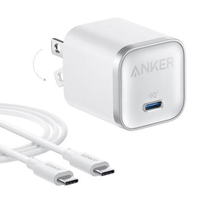 Anker Nano 45W — Aurora White charger with foldable U.S. plug and included USB-C cable