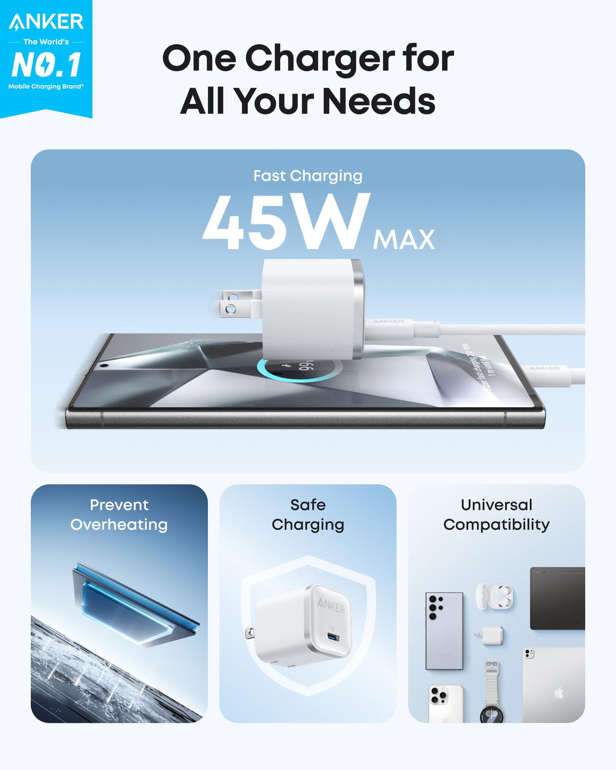 Anker Nano 45W — Aurora White charger manufacturer 45W charging and compatibility illustration