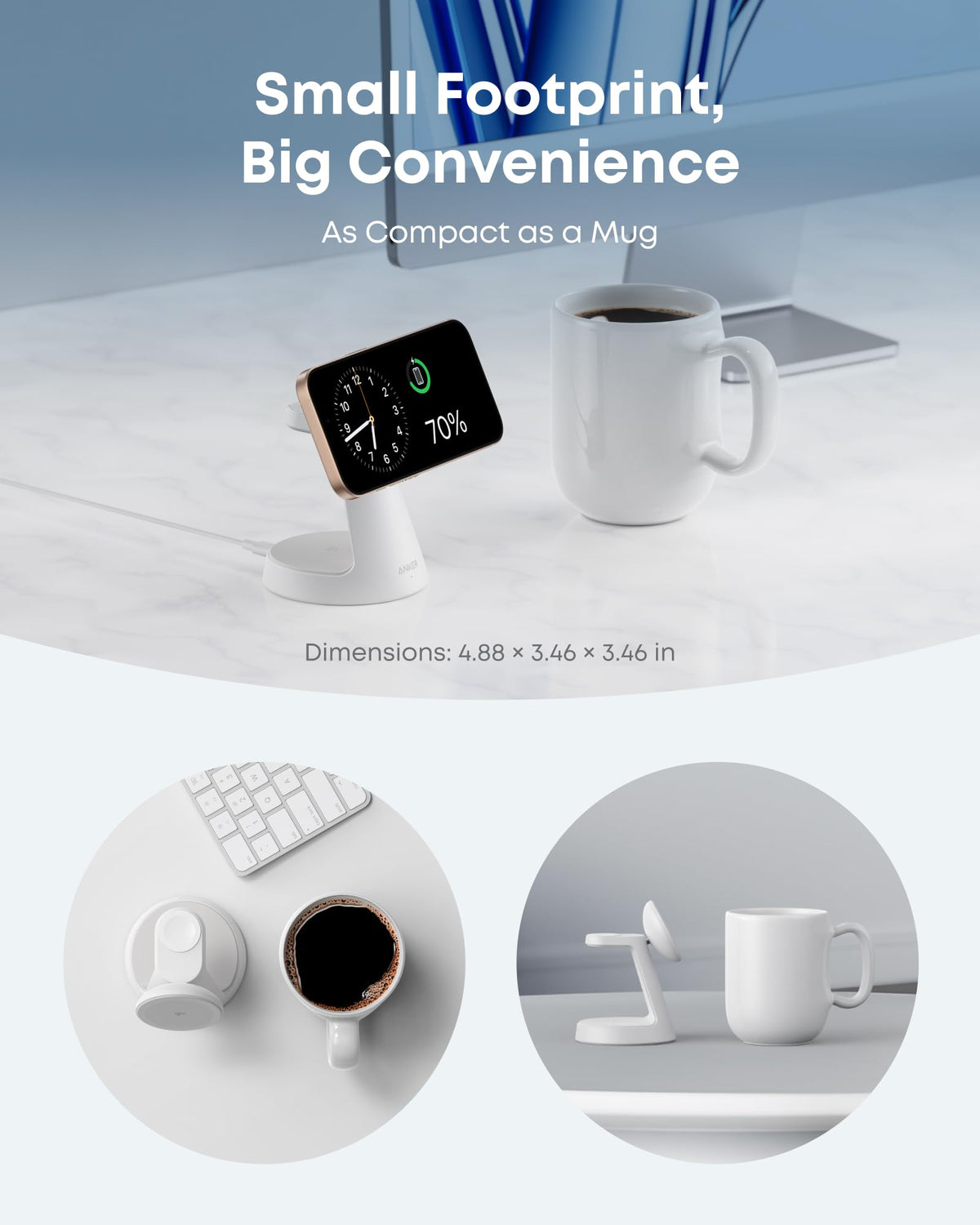 Aurora White Anker MagGo stand shown on a desk with a phone; graphic lists the stand dimensions as 4.88 by 3.46 by 3.46 inches.