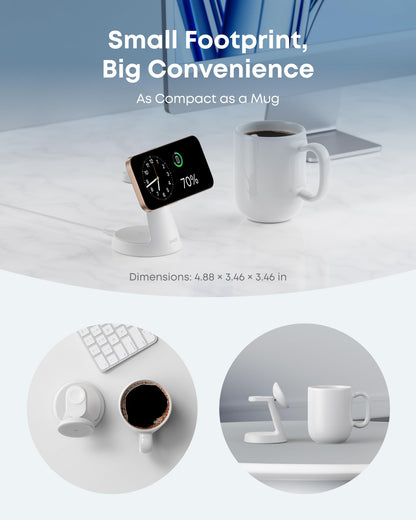 Aurora White Anker MagGo stand shown on a desk with a phone; graphic lists the stand dimensions as 4.88 by 3.46 by 3.46 inches.