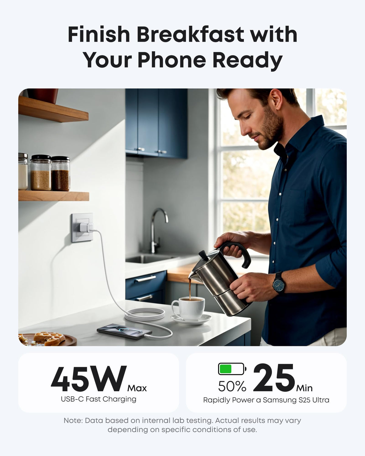 Anker Nano 45W — Aurora White charger in a kitchen charging scene; devices shown are not included