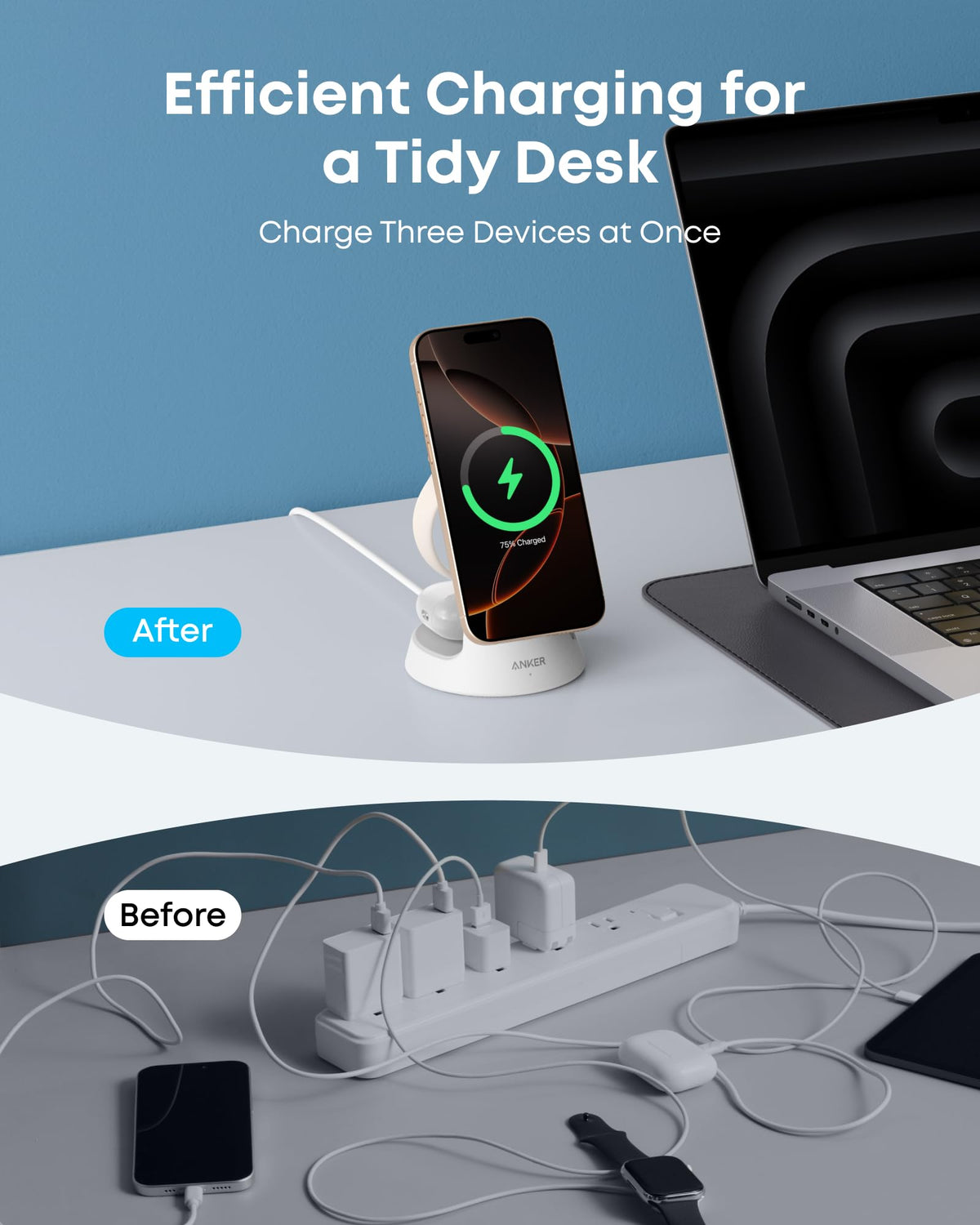 Aurora White Anker MagGo charging stand shown in an after-and-before desk setup comparison.