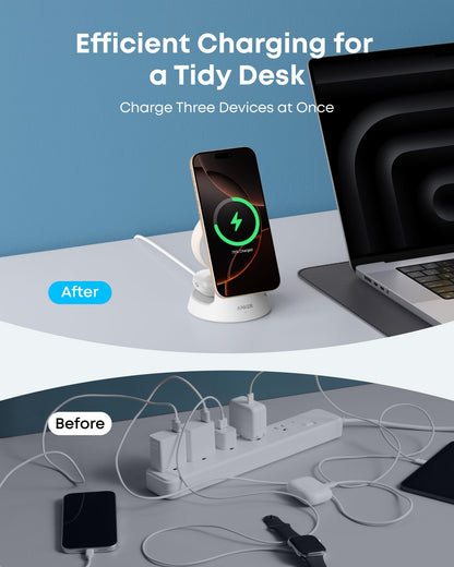 Aurora White Anker MagGo charging stand shown in an after-and-before desk setup comparison.