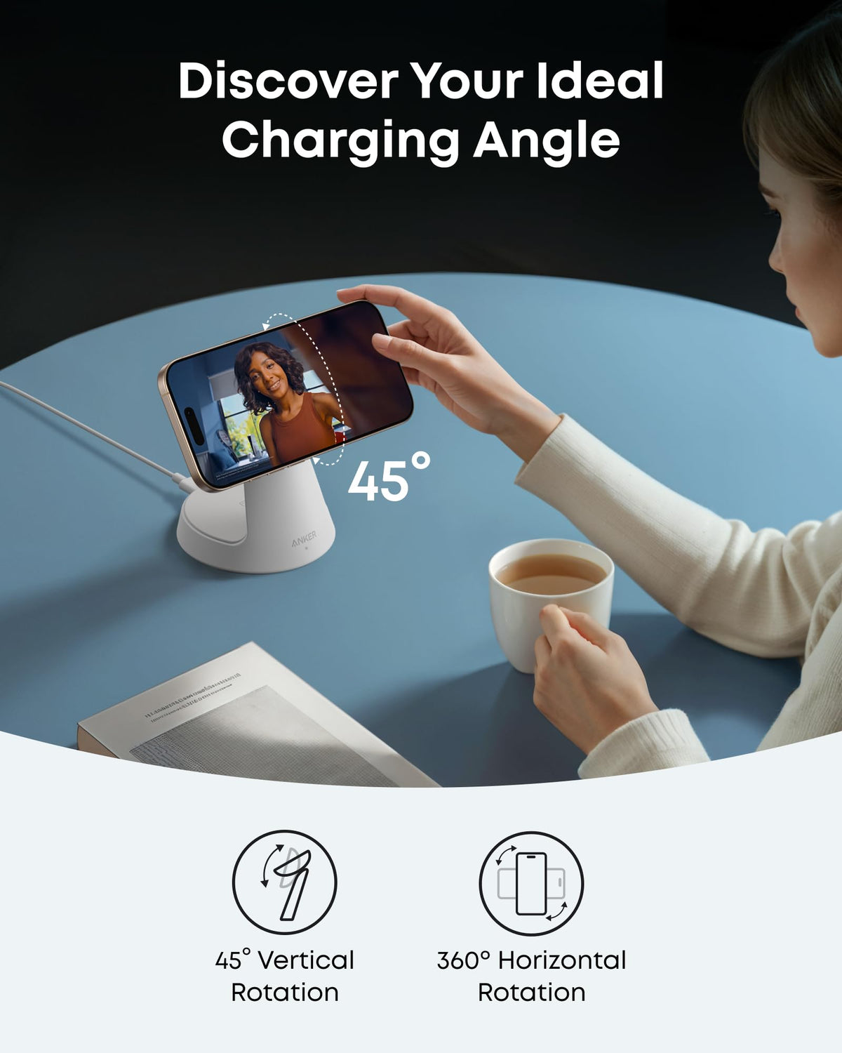 Aurora White Anker MagGo stand with a phone rotated horizontally; graphic shows up to 45-degree vertical and 360-degree horizontal rotation.