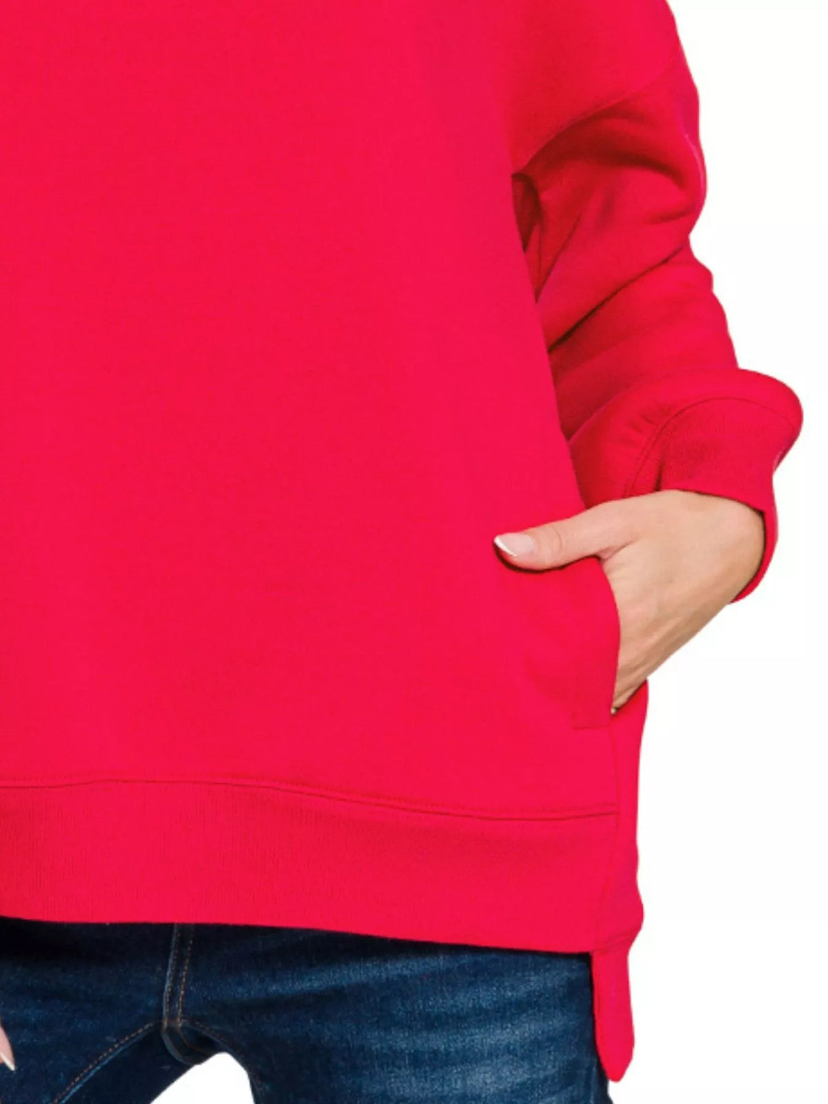 Pocket and hi-low hem detail on the ruby Zenana fleece sweatshirt