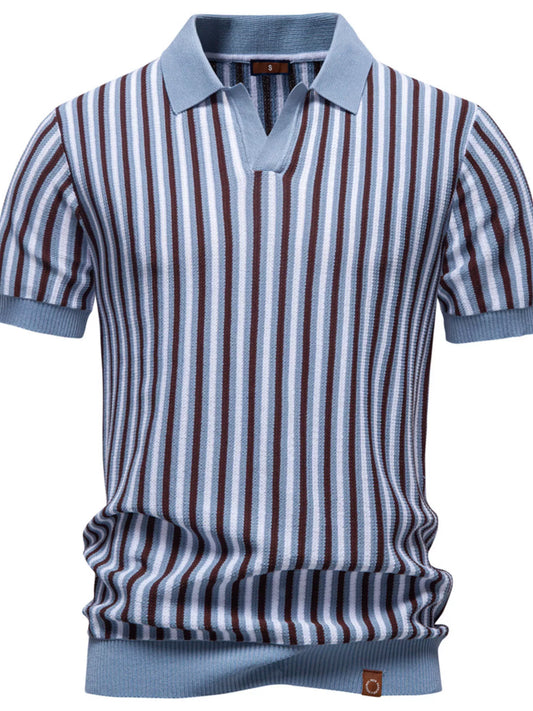 Light blue short-sleeve polo with brown and cream vertical stripes, front view