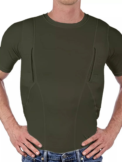 Army green short-sleeve crewneck active T-shirt worn by a model, front view.
